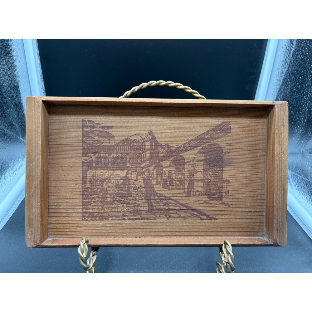 Vintage Wood Valet Tray Windmill Village Scene Etched Rectangular Catchall Brown